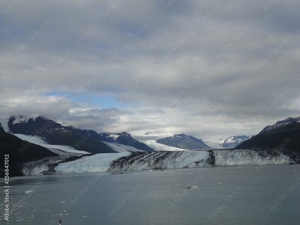 Obraz premium Harvard Glacier College Fjord Alaska Harvard Arm with Snow Covered Mountain Peaks and calm Pacific Ocean with Icebergs from a distance of approx 1 mile
