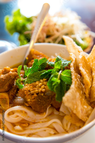 Tasty noodles in a white bowl. Vietnamese cuisine