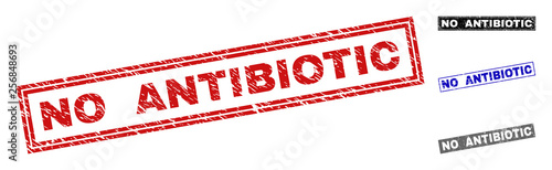 Grunge NO ANTIBIOTIC rectangle stamp seals isolated on a white background. Rectangular seals with grunge texture in red, blue, black and gray colors.