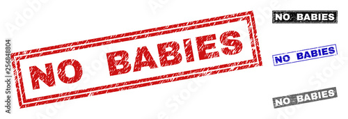 Grunge NO BABIES rectangle stamp seals isolated on a white background. Rectangular seals with grunge texture in red, blue, black and grey colors.