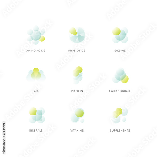 Vector Icon Illustration Logo Set of food supplements, ingredients and vitaments and elements for bio package labels, natural healthu products design for healthy eating and dieting lifestyle