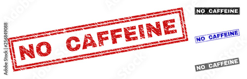 Grunge NO CAFFEINE rectangle stamp seals isolated on a white background. Rectangular seals with distress texture in red, blue, black and gray colors.