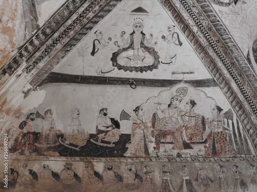 Ancient paintings inside Lakshmi Narayan temple, Orchha, Madhya Pradesh, India.