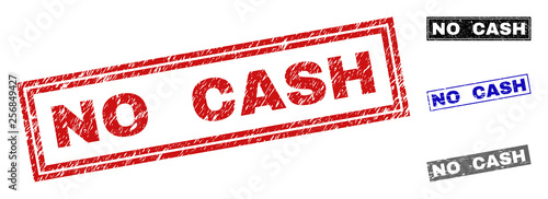 Grunge NO CASH rectangle stamp seals isolated on a white background. Rectangular seals with grunge texture in red, blue, black and gray colors.