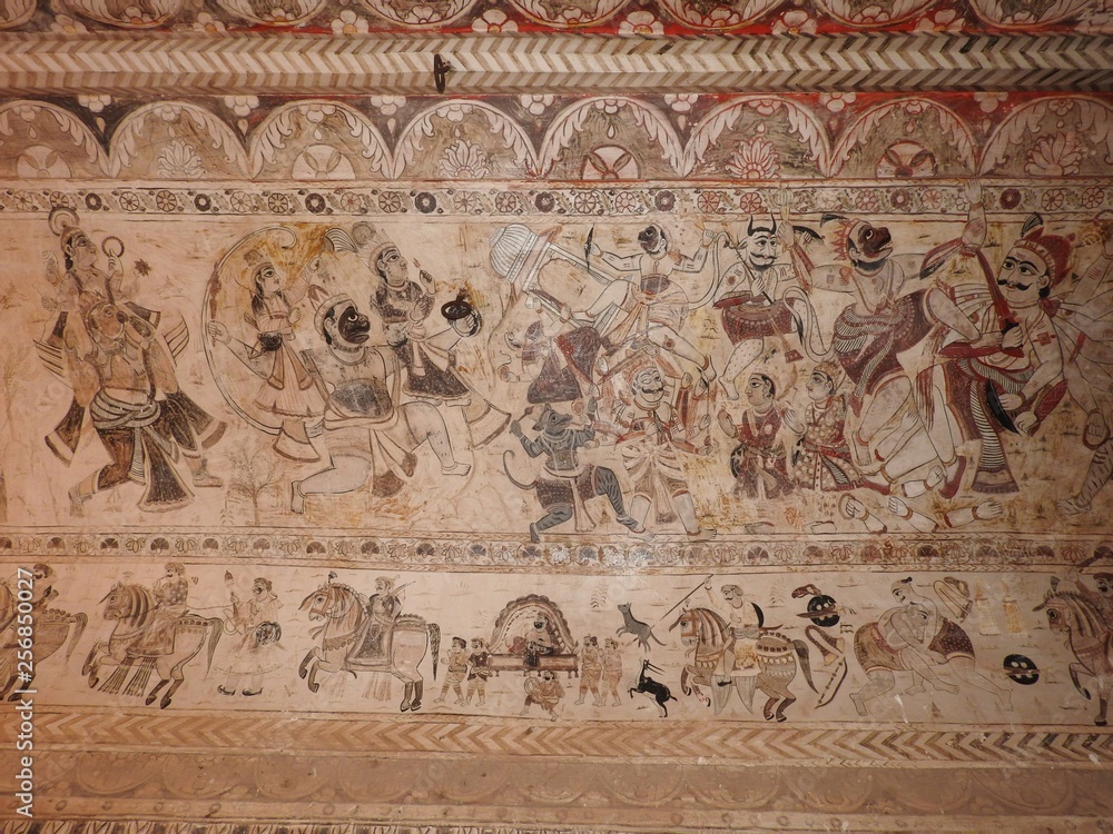 Ancient paintings inside Lakshmi Narayan temple, Orchha, Madhya Pradesh, India.