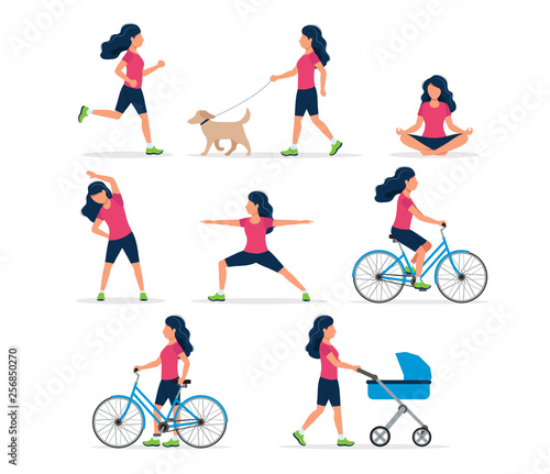 Happy woman doing different outdoor activities: running, dog walking, yoga, exercising, sport, cycling, walking with baby carriage. Vector illustration in flat style, healthy lifestyle concept.