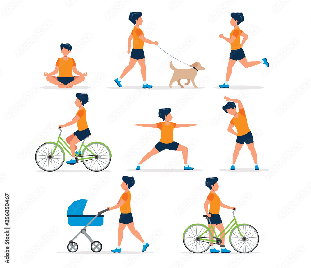 Happy man doing different outdoor activities: running, dog walking, yoga, exercising, sport, cycling, walking with baby carriage. Vector illustration in flat style, healthy lifestyle concept.