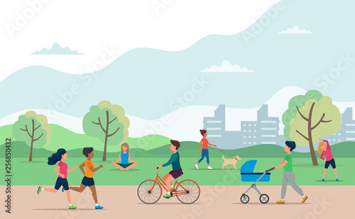 People doing various outdoor activities in the park. Running, cycling, walking the dog, exercising, meditating, walking with baby carriage. Vector concept illustration of healthy lifestyle.