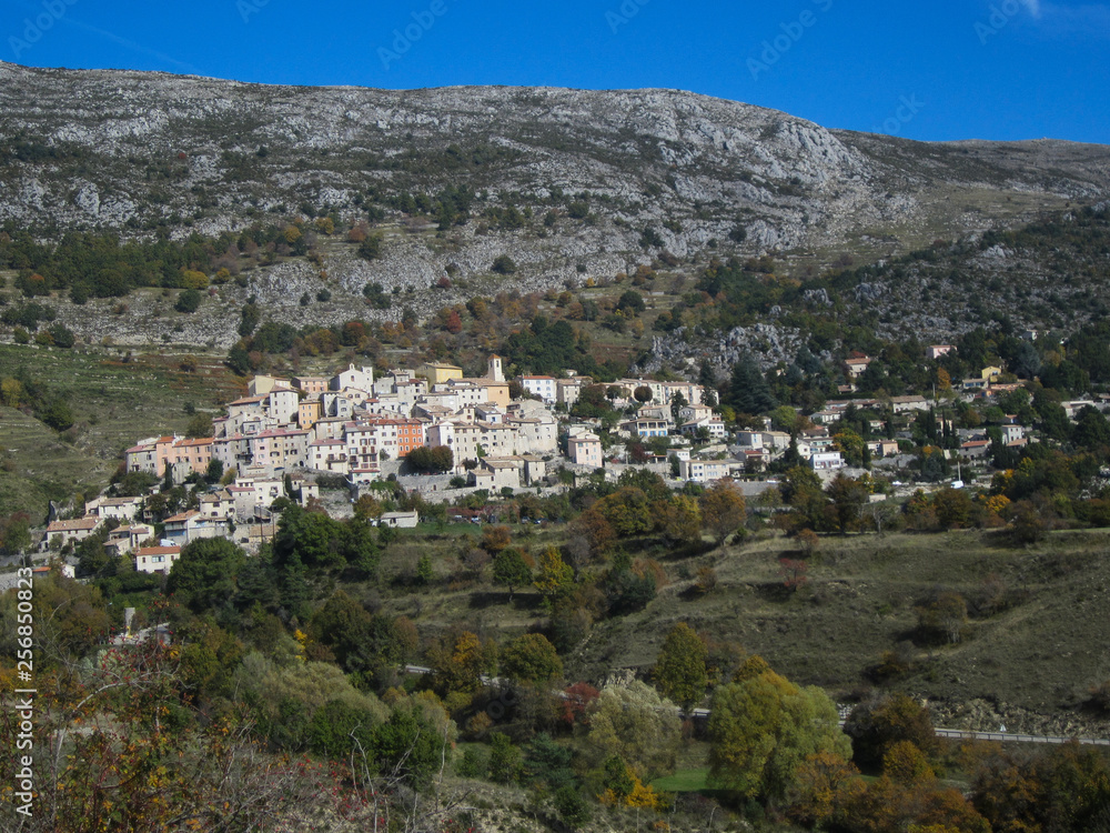Hillside village in the south of France on a beautiful fall day.