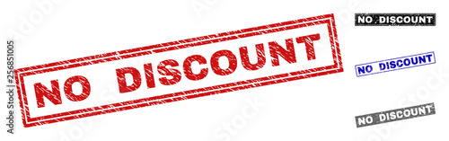 Grunge NO DISCOUNT rectangle stamp seals isolated on a white background. Rectangular seals with grunge texture in red, blue, black and gray colors.