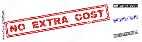 Grunge NO EXTRA COST rectangle stamp seals isolated on a white background. Rectangular seals with grunge texture in red, blue, black and grey colors.