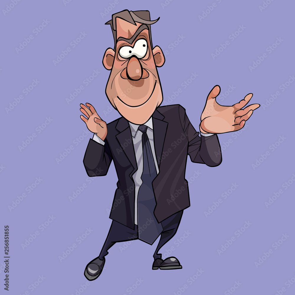 cartoon funny man in a suit with tie shows hands