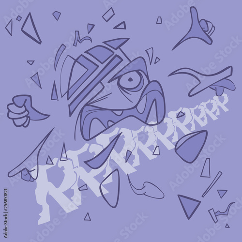 cartoon abstraction of a funny growling emotion on a lilac background