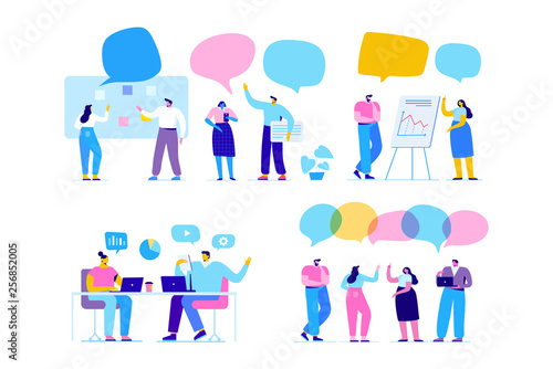 Fototapeta Naklejka Na Ścianę i Meble -  Creative team characters flat vector set. Discussion people. Office workers life. Team thinking and brainstorming.  Analytics of company information. Flat vector characters