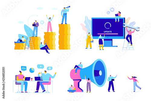 Creative team characters flat vector set. Discussion people. Office workers life. Team thinking and brainstorming.  Analytics of company information. Flat vector characters