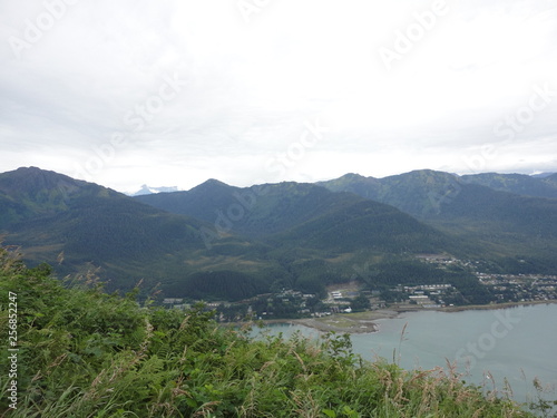 View of the inside passage from atop a mountain with the city of Juneau underneath
