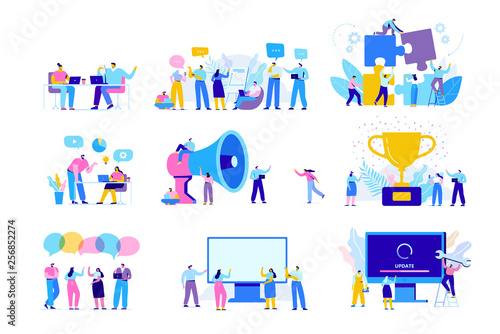Creative team characters flat vector set. Discussion people. Office workers life. Team thinking and brainstorming.  Analytics of company information. Flat vector characters
