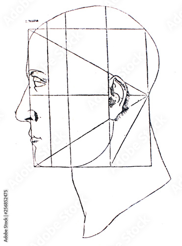 Fotografija Proportions of head by Leonardo Da Vinci in a vintage book Leonard de Vinci, Eug