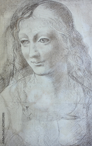 Head of young woman by Leonardo Da Vinci in a vintage book Leonard de Vinci, Eugene Muntz, 1899, Paris