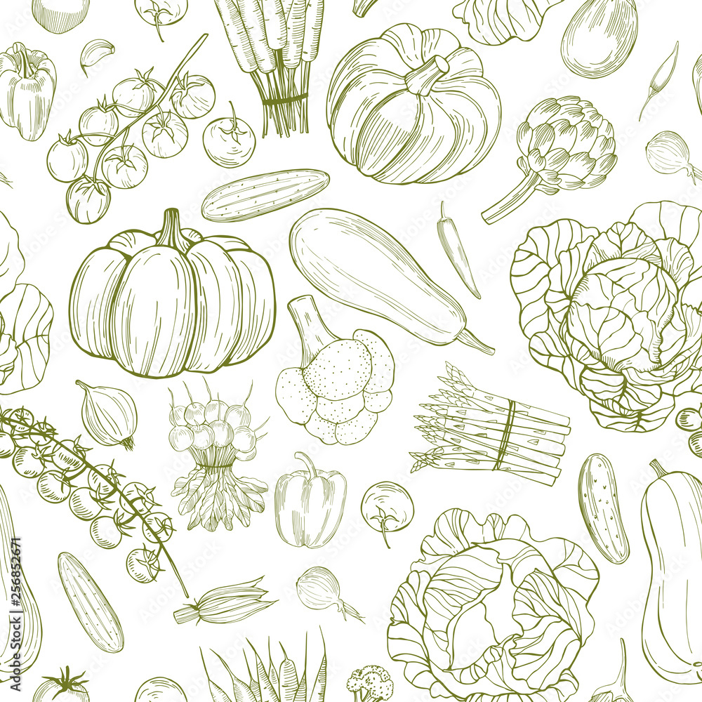 Vector seamless pattern with  hand drawn  vegetables on white background.