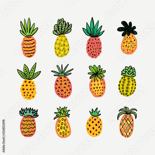Set of cute sunny pineapples. Hand drawn Decorative Pinapple with different t...