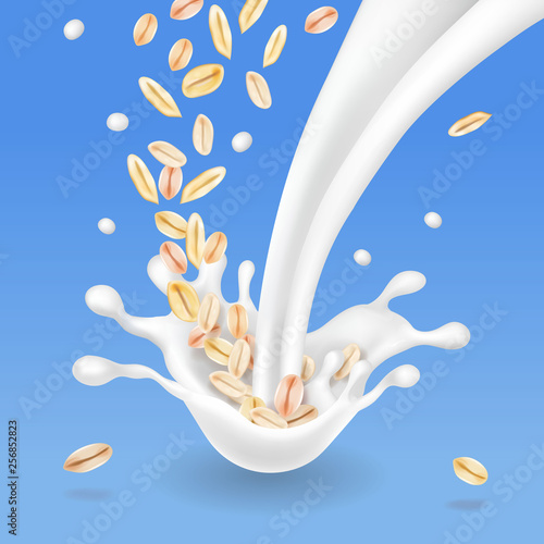 Vector oat flakes in milk splash Realistic packaging element illustration