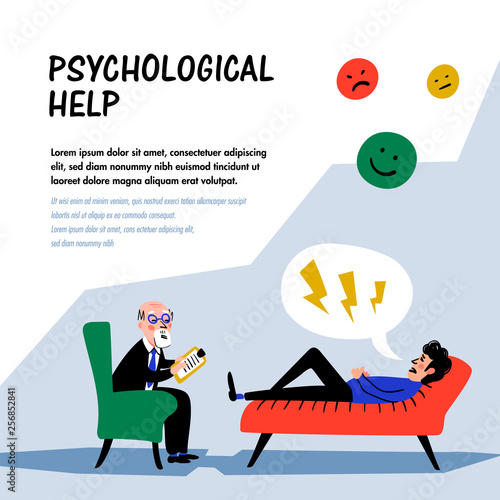 Psychological help. Doctor and patient, a man lying on sofa and talking to therapist. Web banner on theme of psychology. Mental problems, disorders and phobias. Doodle style flat vector illustration.