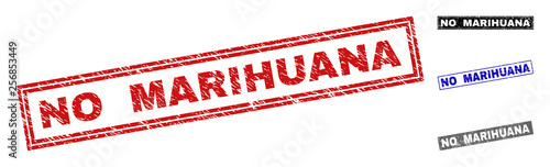 Grunge NO MARIHUANA rectangle stamp seals isolated on a white background. Rectangular seals with grunge texture in red, blue, black and grey colors.