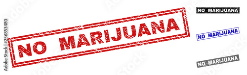 Grunge NO MARIJUANA rectangle stamp seals isolated on a white background. Rectangular seals with grunge texture in red, blue, black and grey colors.
