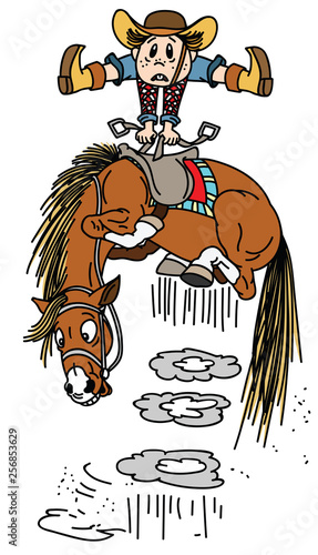 cartoon horse throws off a cowboy .Little boy rider on a bucking pony horseback . Funny equestrian sport  rodeo. Vector illustration