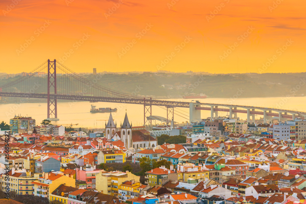 Picturesque sunset in Lisbon. Evening cityscape of the Portugal capital city