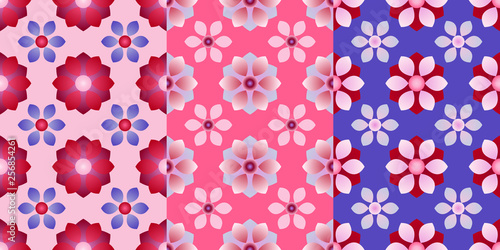 Set of three seamless patterns with abstract flowers. Vector EPS10. Clipping mask applied.