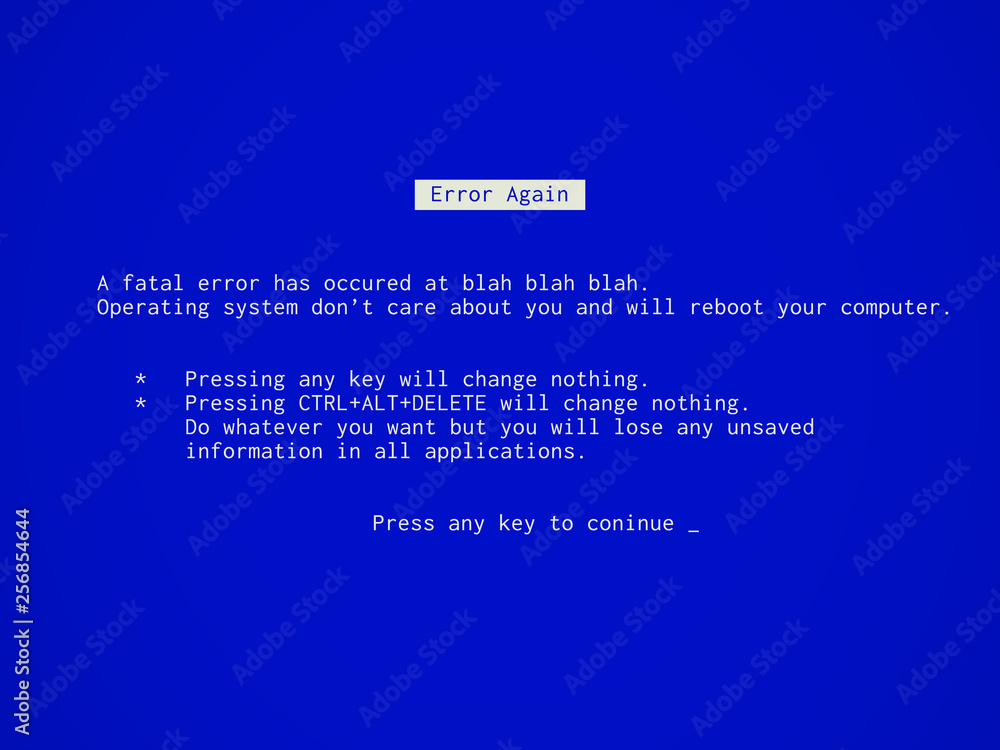 Vecteur Stock Fake funny Blue Screen of Death - BSOD. Error message during  system failure. | Adobe Stock
