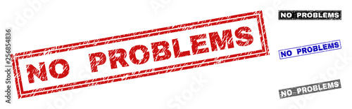 Grunge NO PROBLEMS rectangle stamp seals isolated on a white background. Rectangular seals with grunge texture in red, blue, black and grey colors.