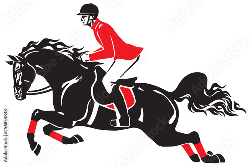 Horse show jumping . Equestrian sport competition . Horseman rider controls a horse jumping over an obstacle . Black and red side view vector illustration