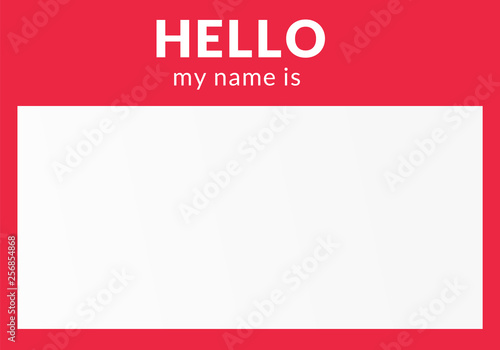 Red name tag. Hello my name is - label.