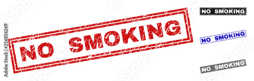 Grunge NO SMOKING rectangle stamp seals isolated on a white background. Rectangular seals with grunge texture in red, blue, black and grey colors.