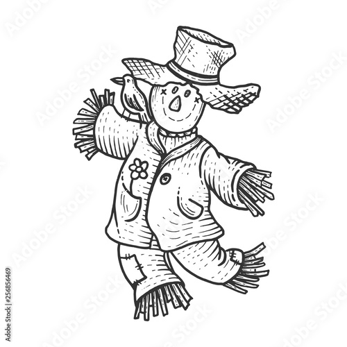 Farm rural scarecrow with crow bird sketch engraving vector illustration. Scratch board style imitation. Black and white hand drawn image.