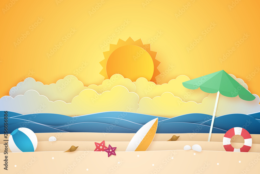Summer time , sea and beach with stuff  , paper art style