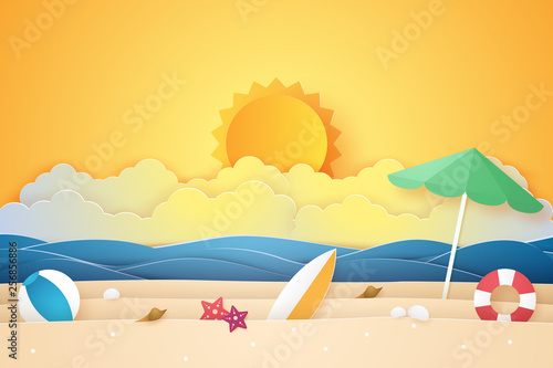Summer time , sea and beach with stuff , paper art style
