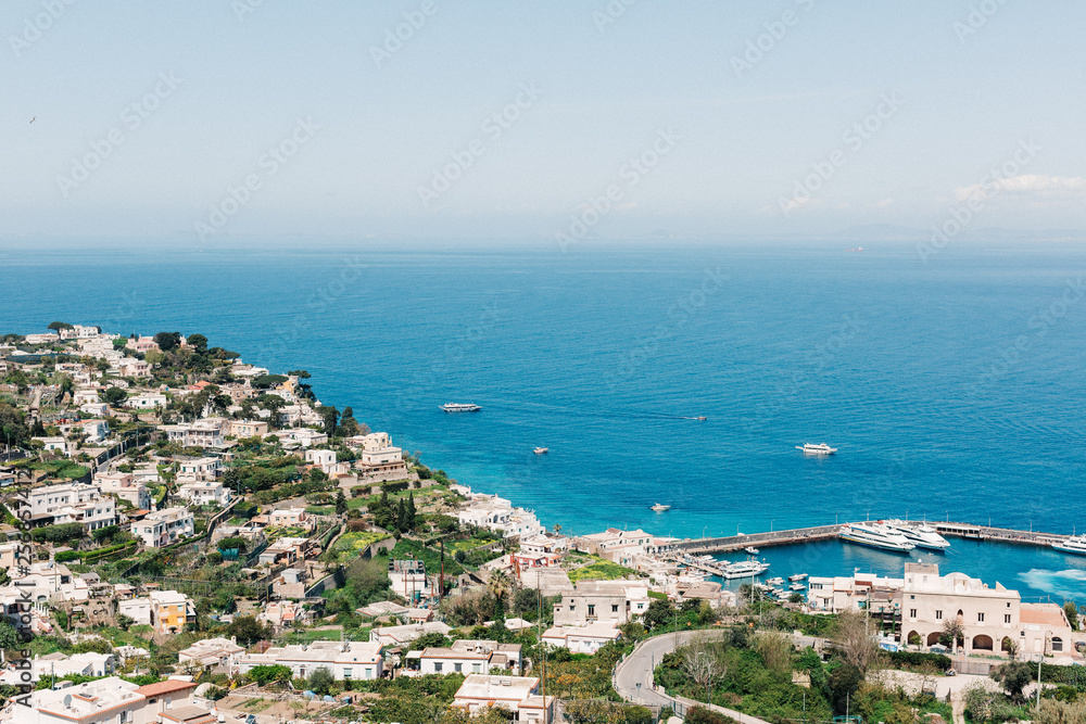 Capri coast view. Beautiful island beach with rocks