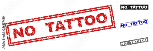 Grunge NO TATTOO rectangle stamp seals isolated on a white background. Rectangular seals with grunge texture in red, blue, black and grey colors.