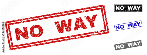 Grunge NO WAY rectangle stamp seals isolated on a white background. Rectangular seals with distress texture in red, blue, black and gray colors.