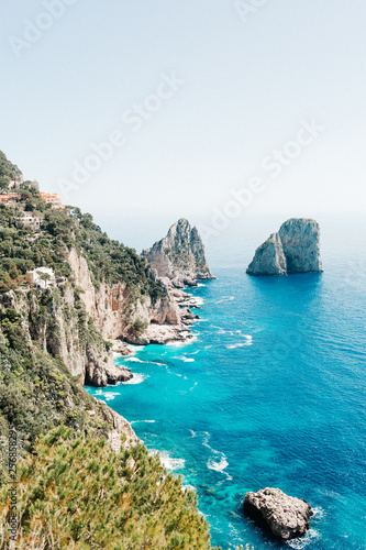 Capri coast view. Beautiful island beach with rocks