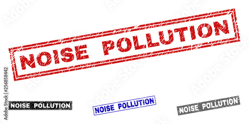 Grunge NOISE POLLUTION rectangle stamp seals isolated on a white background. Rectangular seals with distress texture in red, blue, black and grey colors.