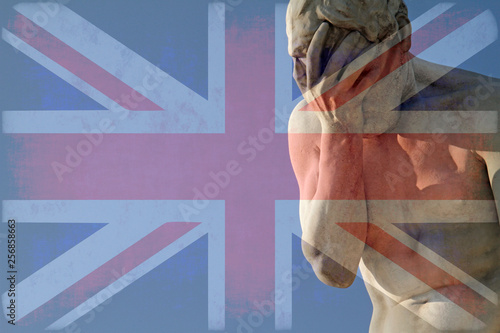 Facepalm and Brexit - Union Jack over a statue with its head in its hands