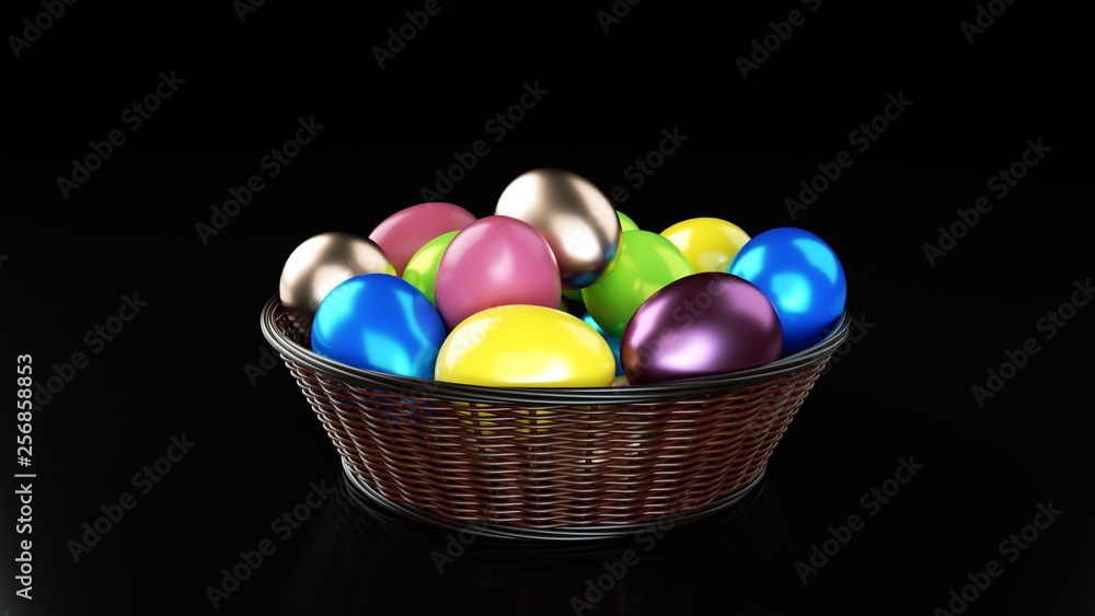 Colorful Easter Eggs In The Basket Isolated On The Black Background- 3D Illustration Colorful Easter Eggs In The Basket Isolated On The Black Background- 3D Illustration
