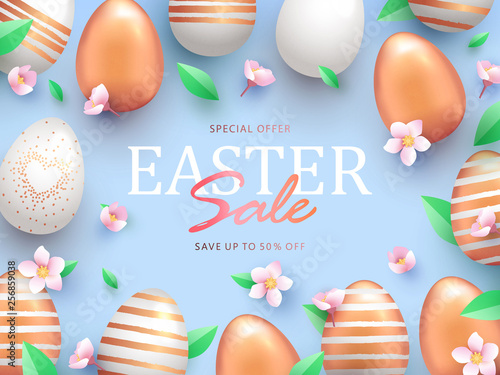 Easter Sale banner design with rose gold ornate eggs, spring blossoms and light green leaves on light blue background. Holiday Easter background with place for your text