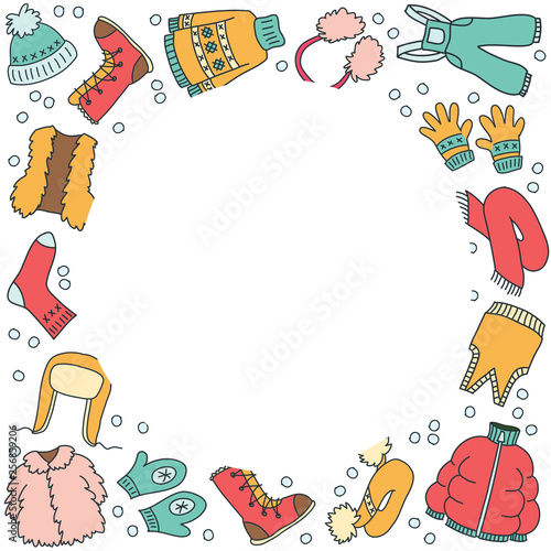  The circle frame of winter clothes with blank space for your text. Doodle vector illustration. Template design for flyers, banners, booklets, brochures etc. Vector 8 EPS