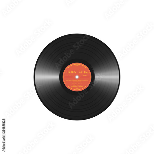 Retro style vinyl disc with label and tracks. Black polyvinyl chloride disc. Realistic vector vinyl record 60-80s design.